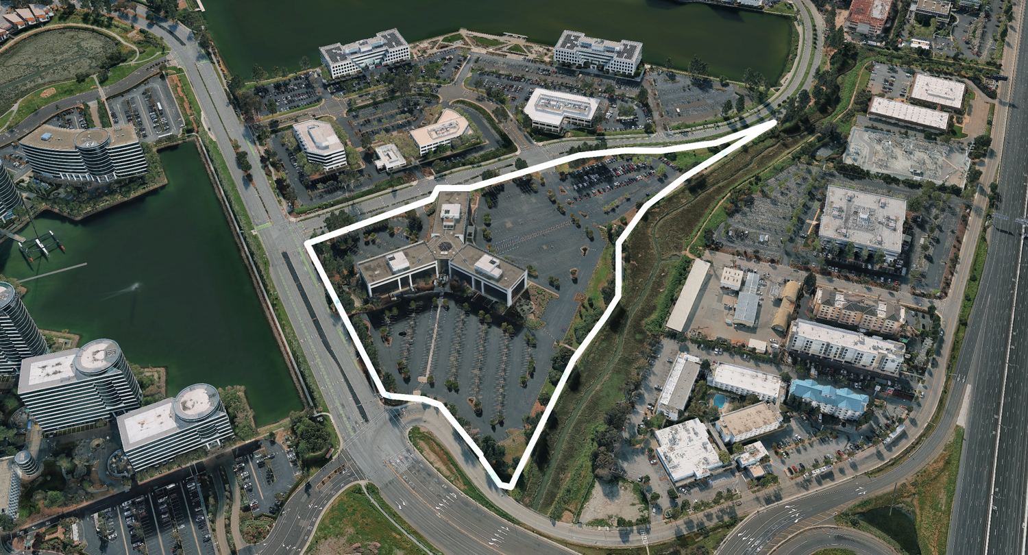 10 Twin Dolphin Drive, image via Google Satellite outlined approximately by YIMBY