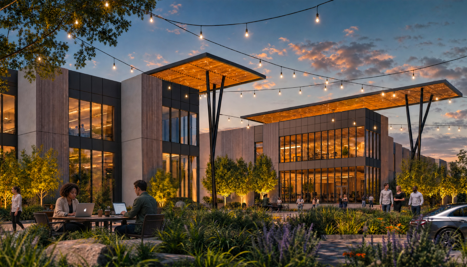 10 Twin Dolphin Drive lobby entrance view, rendering by Gensler