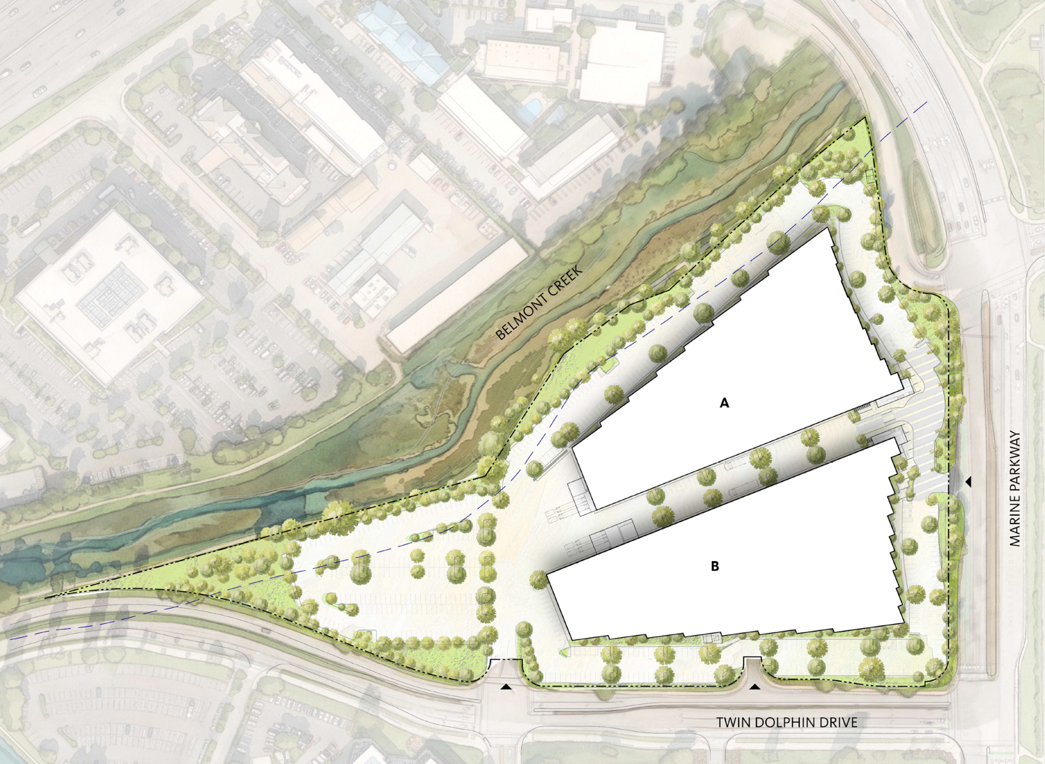 10 Twin Dolphin Drive site plan, illustration by Guzzardo Partnership