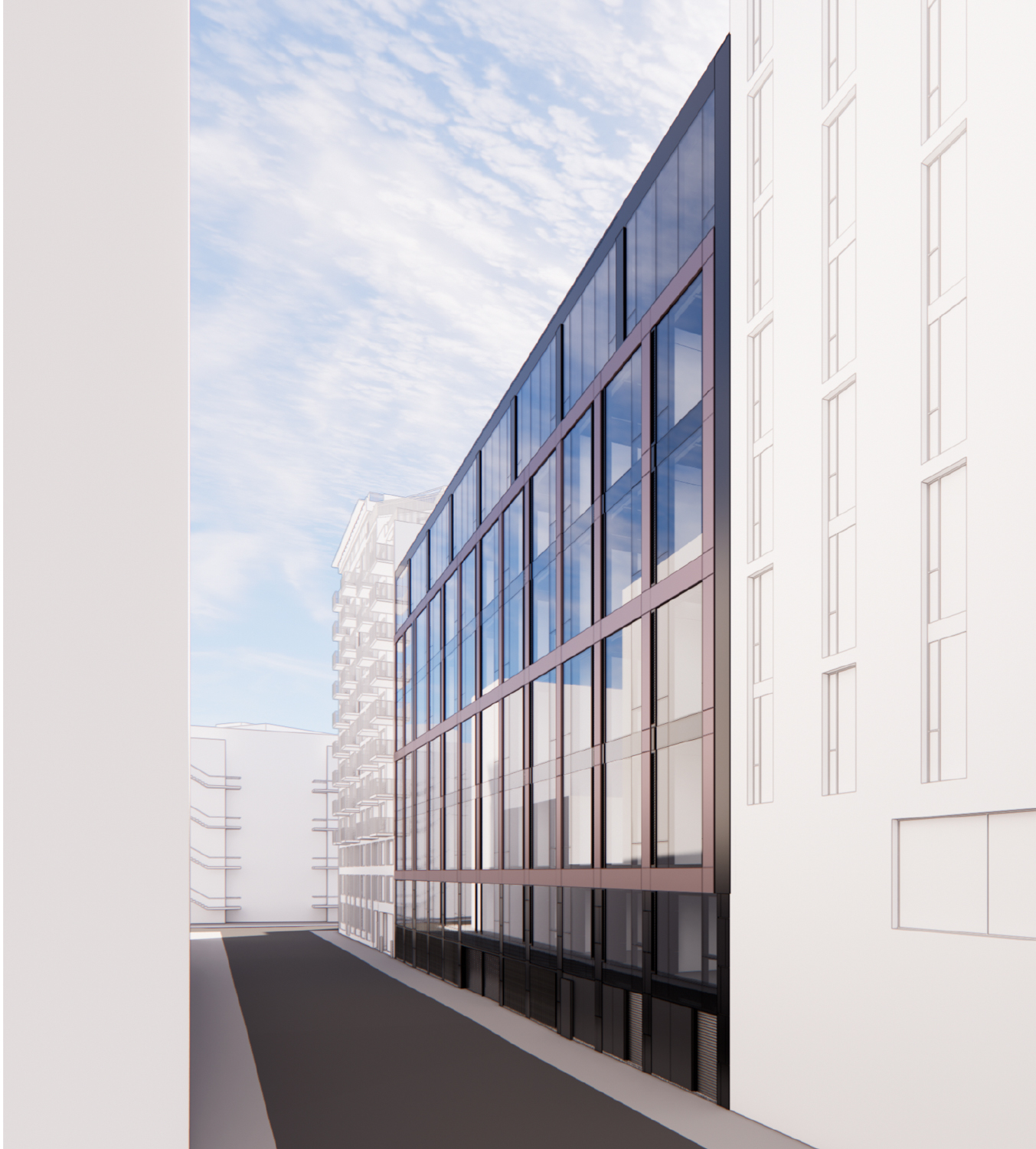 150 Hayes Street rear view along the rear alleyway, illustration by Solomon Cordwell Buenz