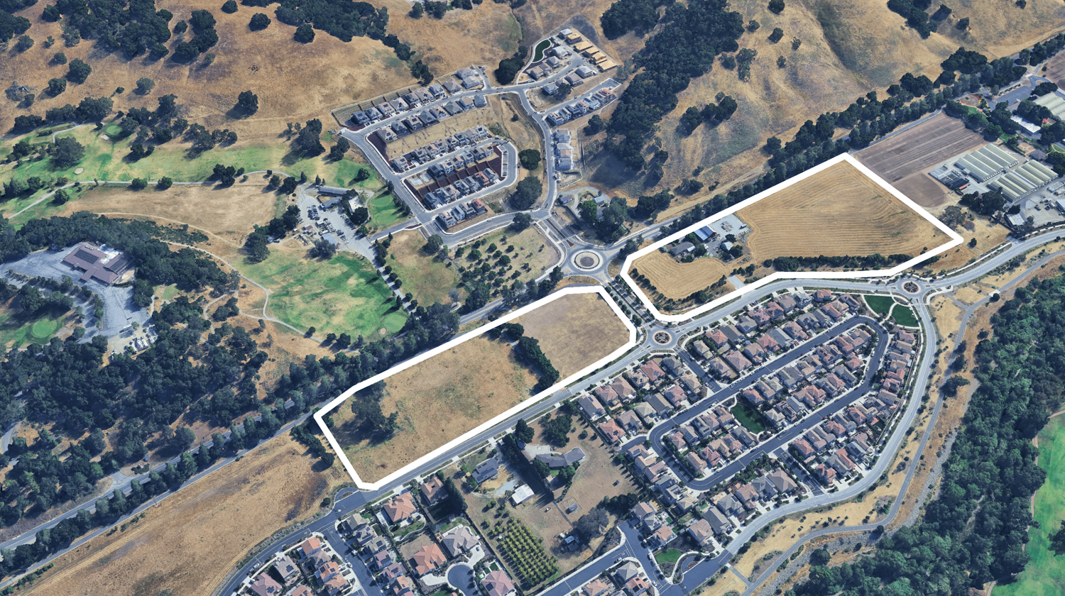2480-2740 Hecker Pass existing condition, image via Google Satellite outlined approximately by YIMBY