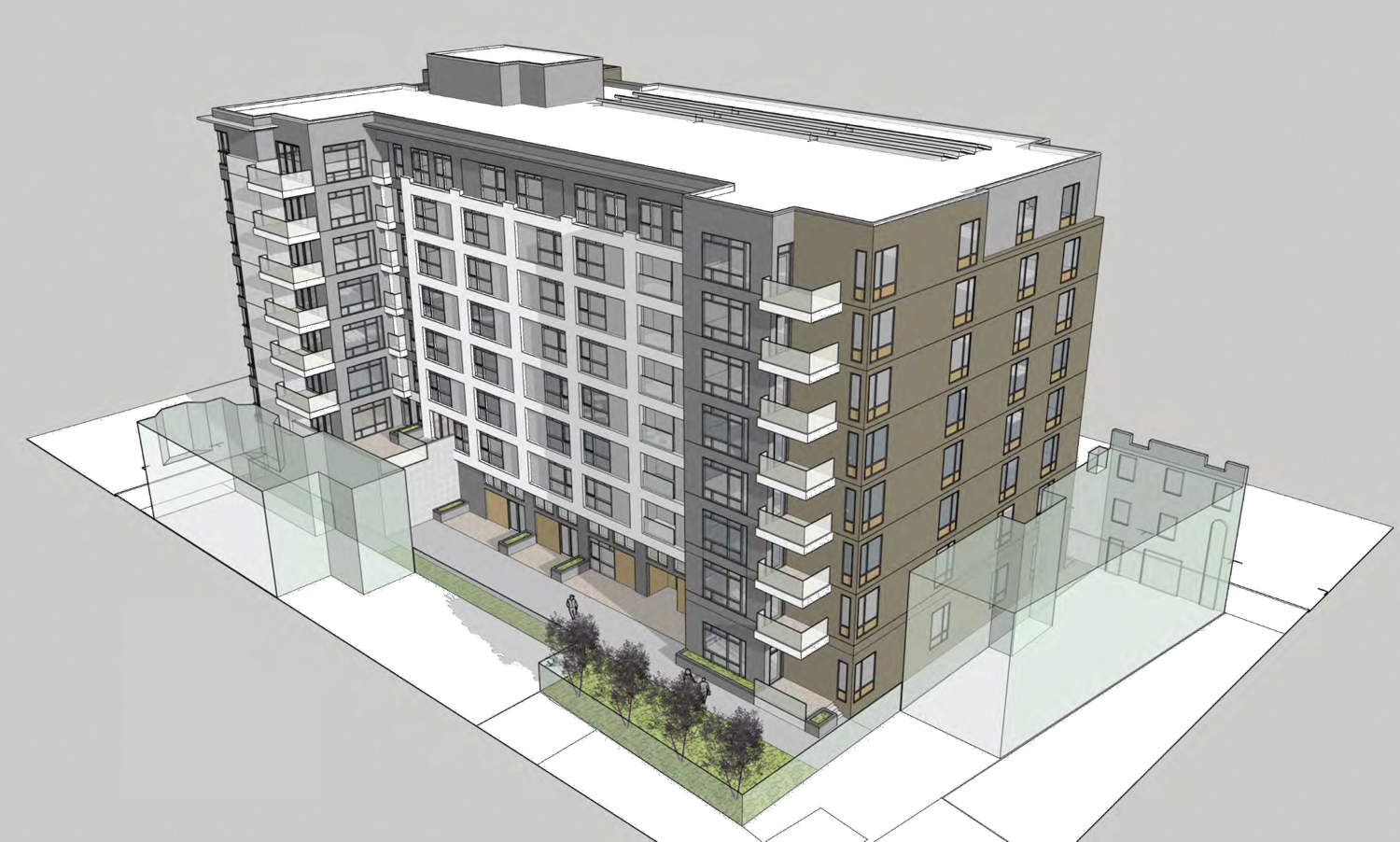 3300 Geary Boulevard aerial view of the backyard, illustration by Elevation Architects