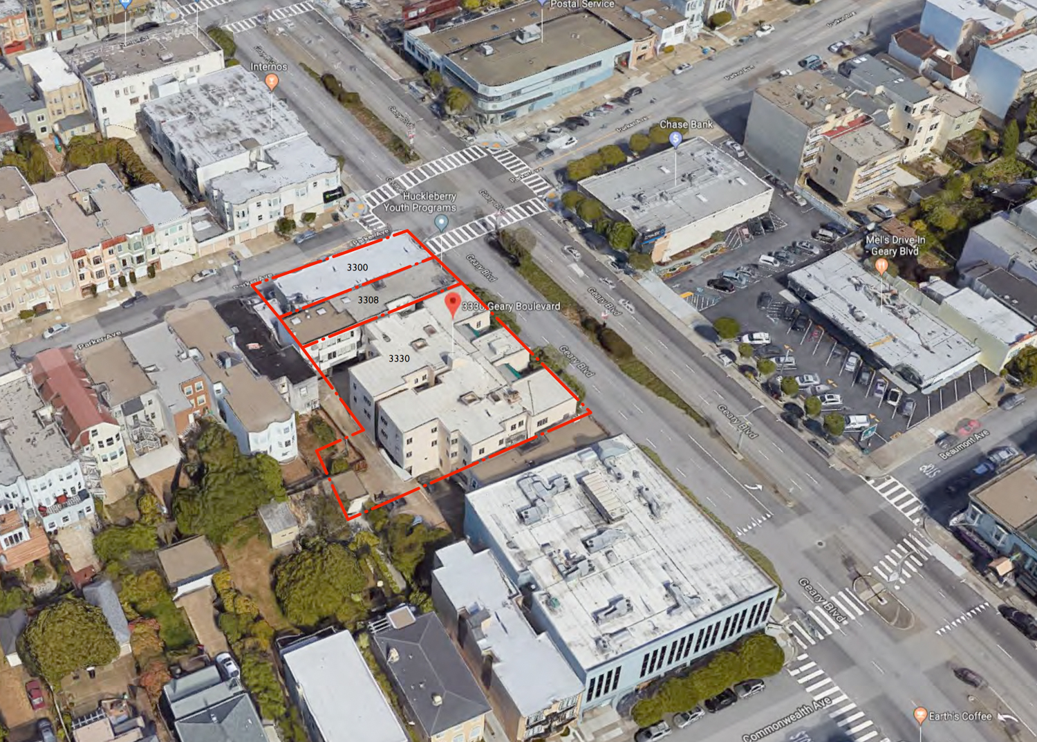 3300 Geary Boulevard existing condition, outline by Elevation Architects