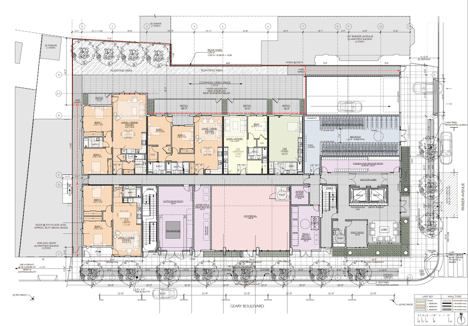 3300 Geary Boulevard ground-level floor plan, illustration by Elevation Architects