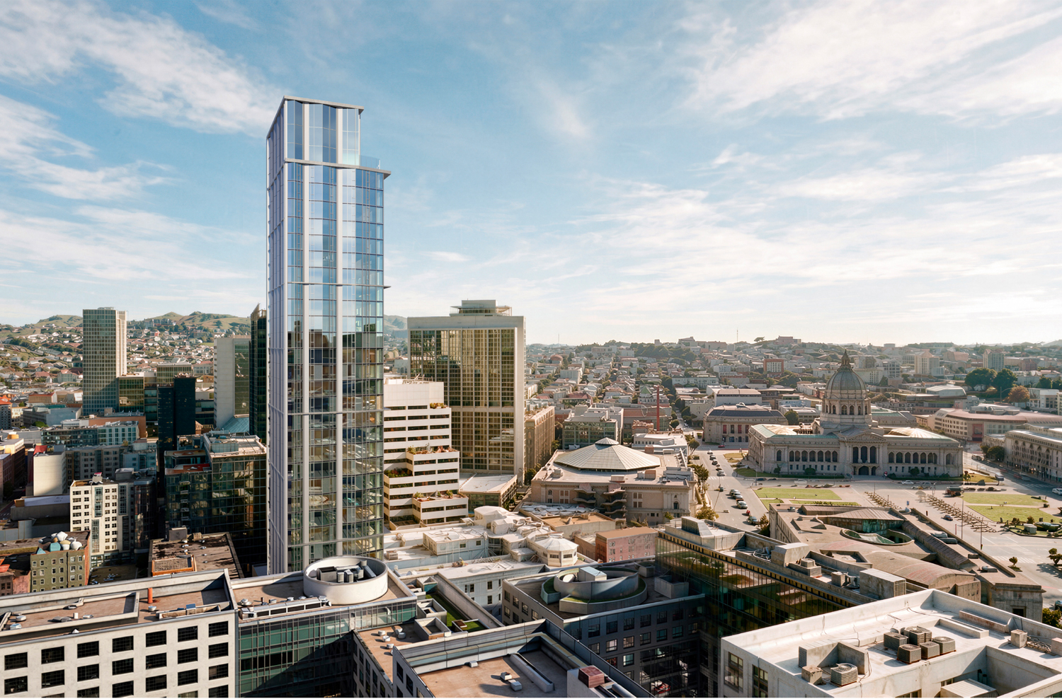 38 8th Street aerial view with City Hall in the background, rendering by Handel Architects