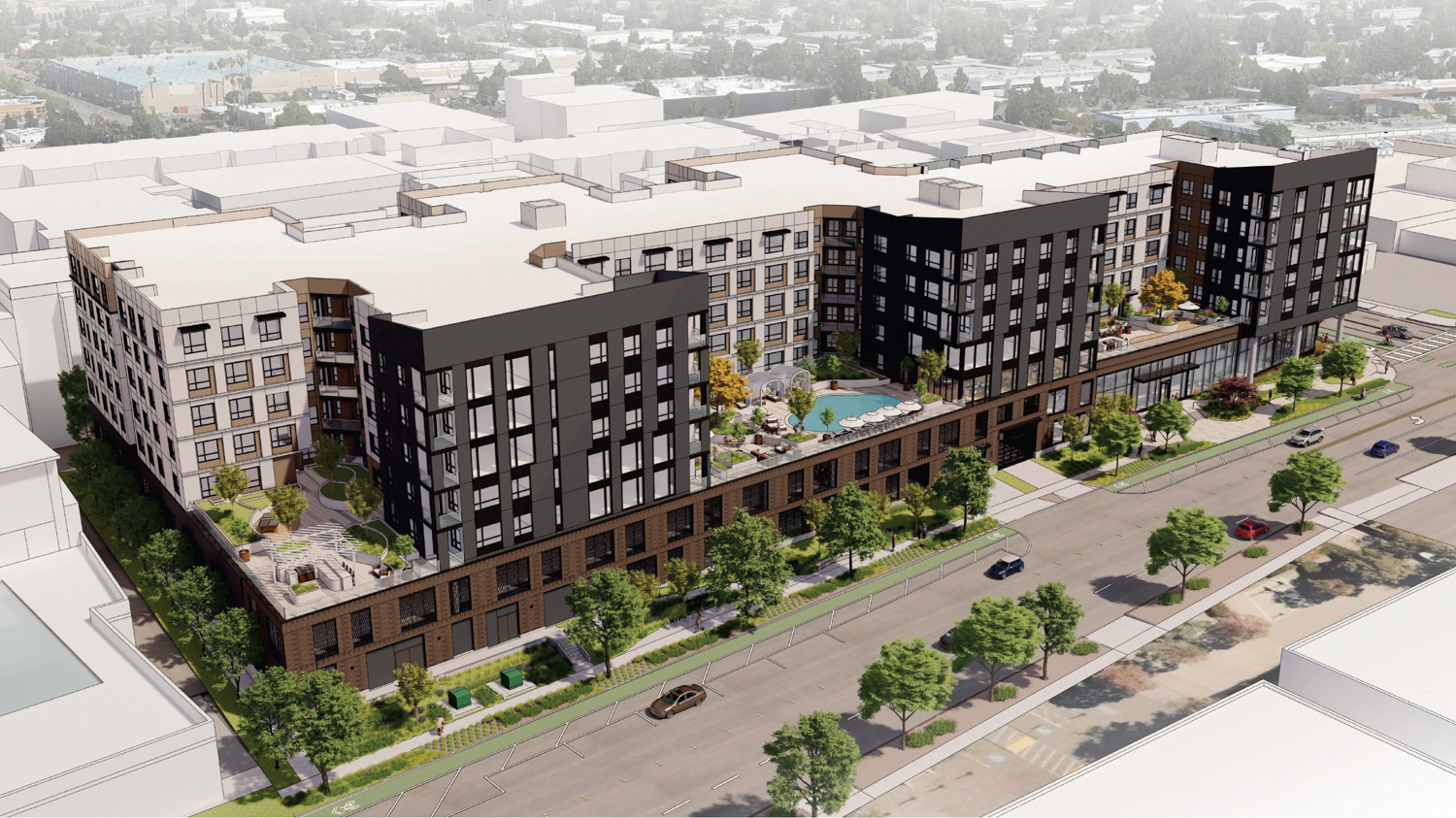 3997 Fabian Way aerial view highlighting the podium-top courtyards, rendering by TCA Architects