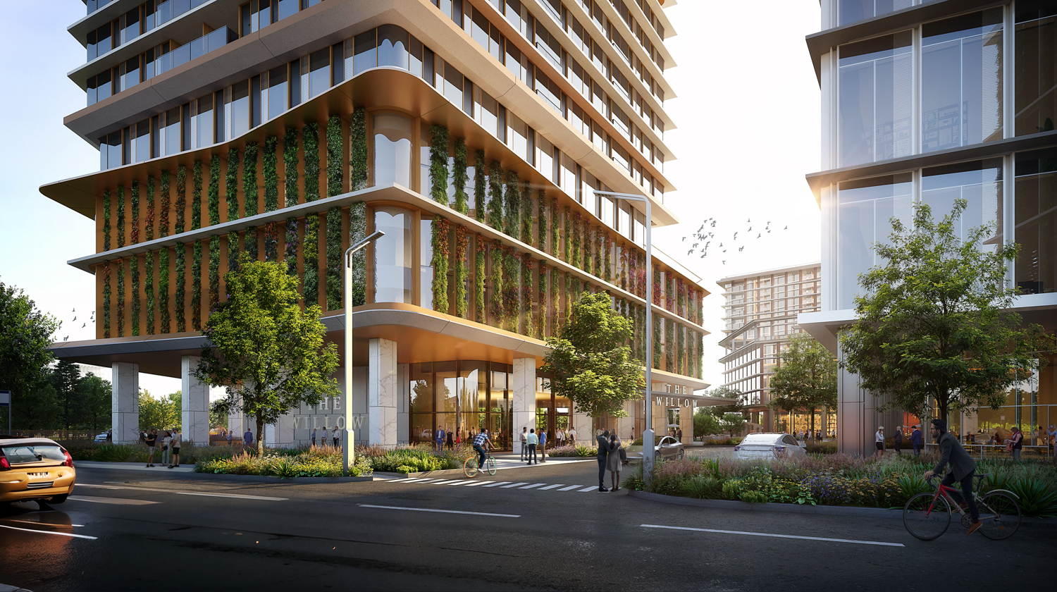 80 Willow Road apartment lobby view, rendering by Solomon Cordwell Buenz