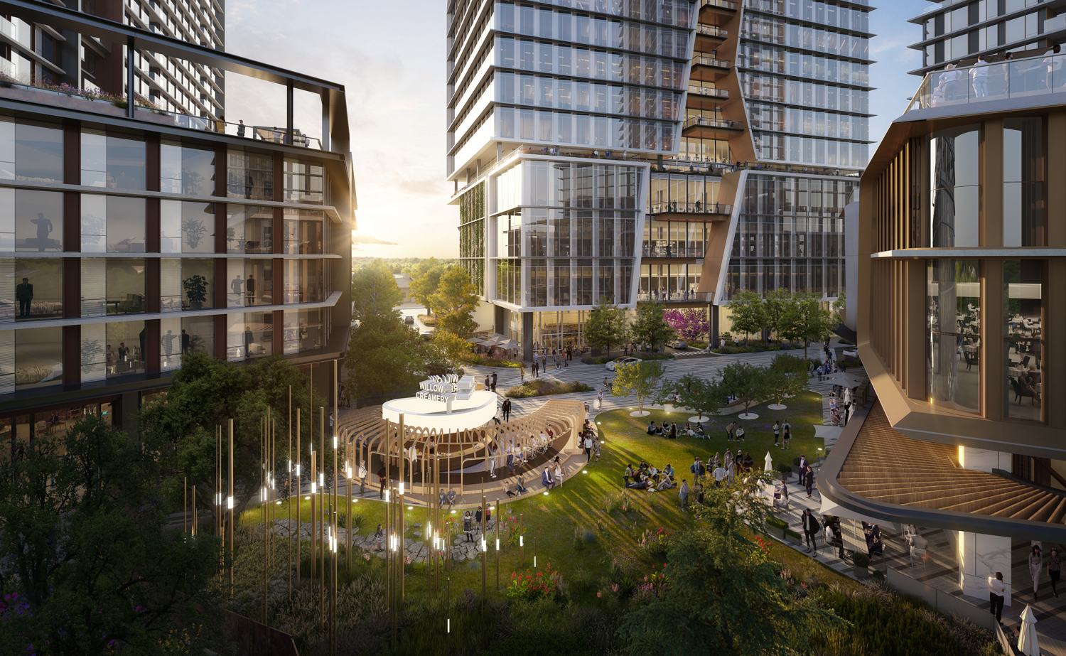 80 Willow Road central plaza, rendering by Solomon Cordwell Buenz