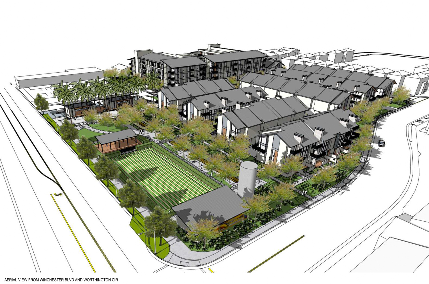 Agrihood Townhomes aerial view, illustration by Steinberg Hart