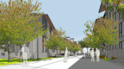 Agrihood Townhomes pedestrian view, illustration by Steinberg Hart