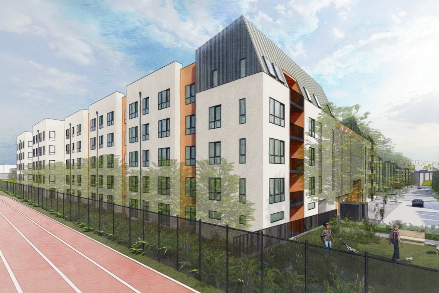 Balboa Reservoir Block G aerial shot, rendering by Pyatok