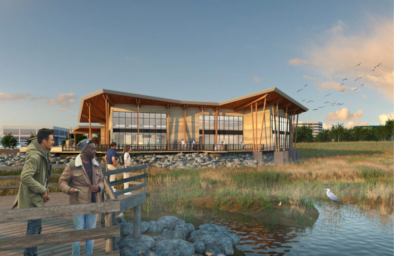 Bay Rise Park educational facility overlooking the restored marsh, rendering by SERA Architects