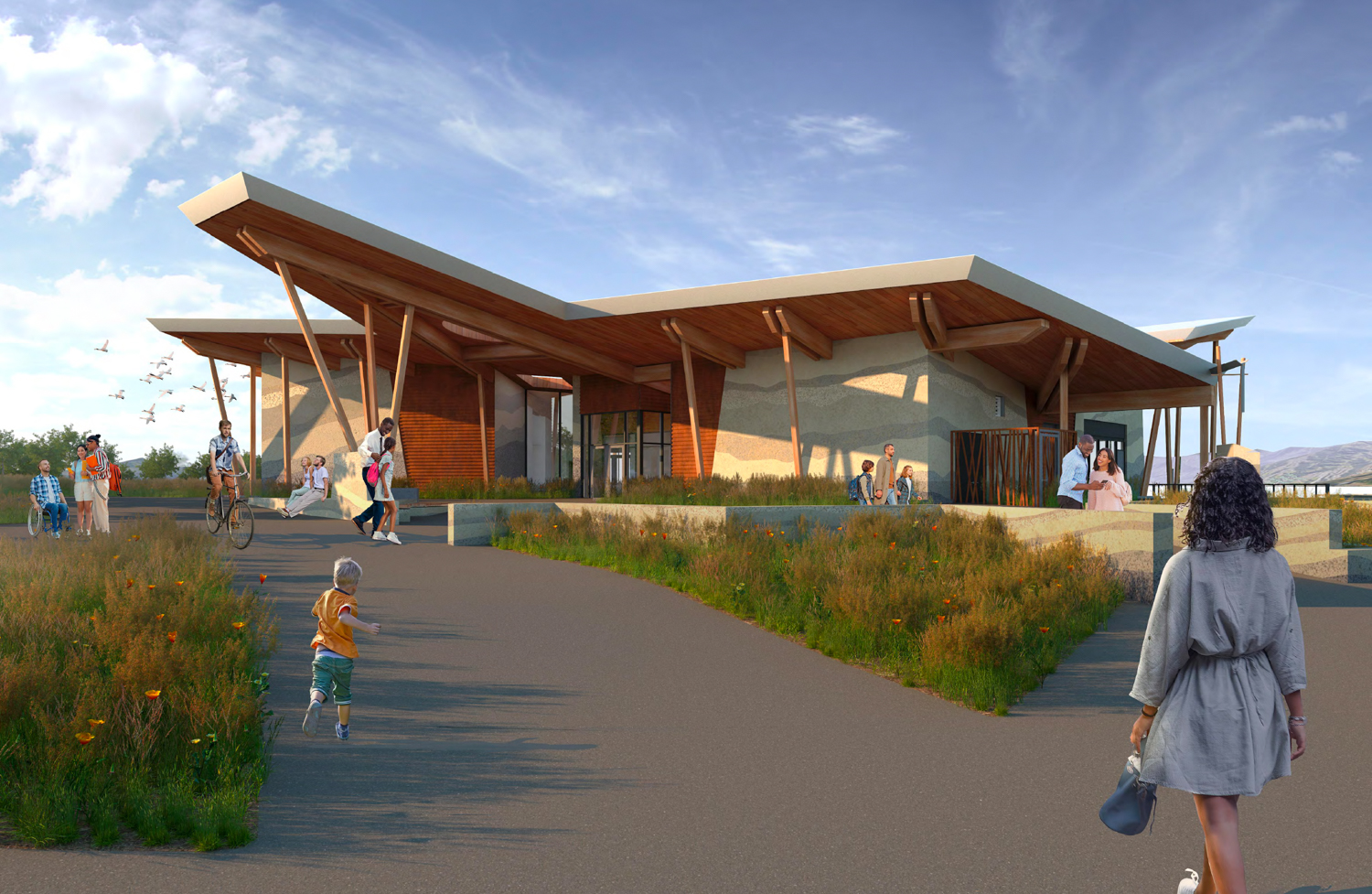 Bay Rise Park educational facility pedestrian view, rendering by SERA Architects