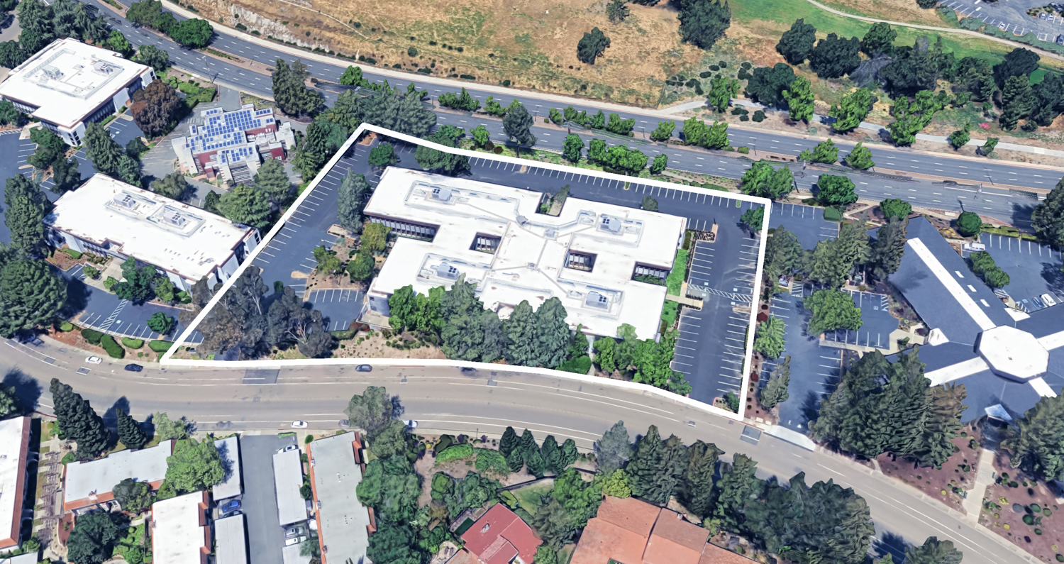 1350 Montego Way outlined approximately by YIMBY, image via Google Satellite
