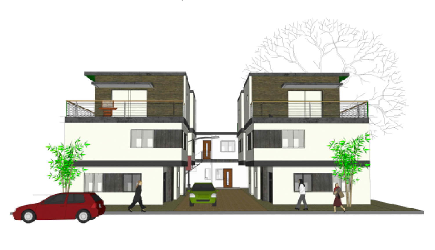 1667 14th Street view of the central driveway, rendering by Fumio Suda Architect