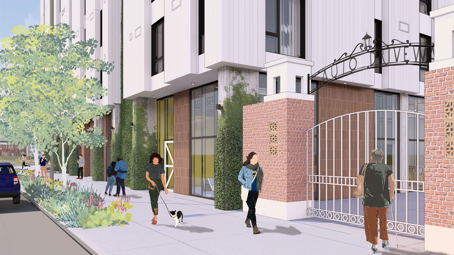 34th & San Pablo entryview, rendering by David Baker Architects