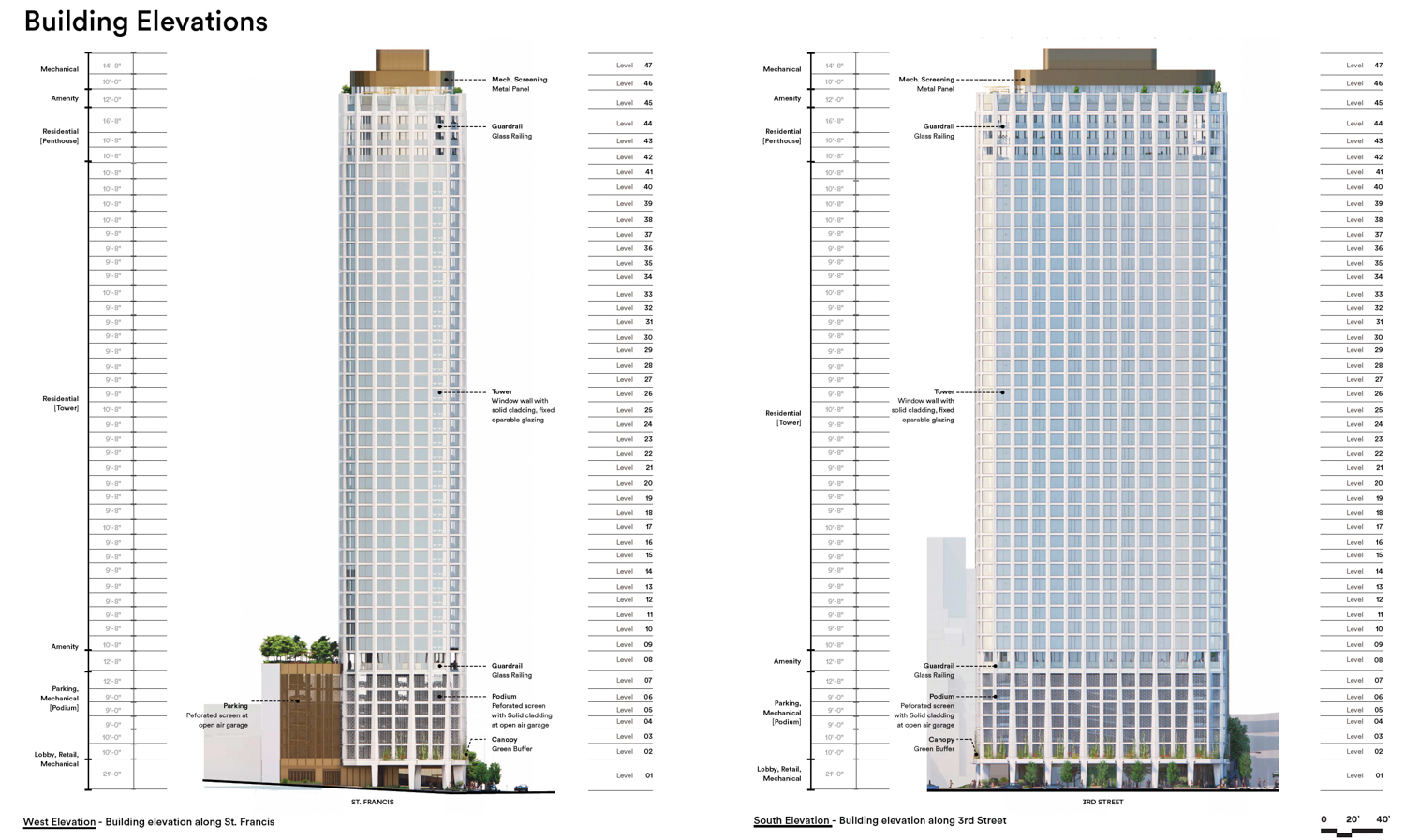 395 3rd Street west and south facade elevation, illustration by Henning Larsen & Multistudio