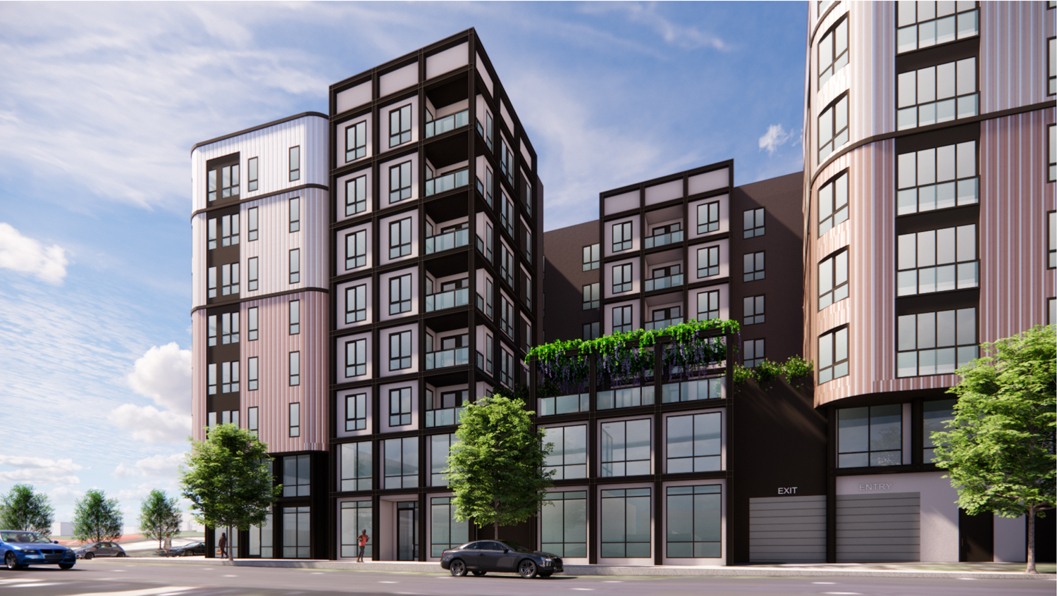 770 Golden Gate Avenue pedestrian view showing greenery along the edges of the podium-top courtyard, rendering by BDE Architecture