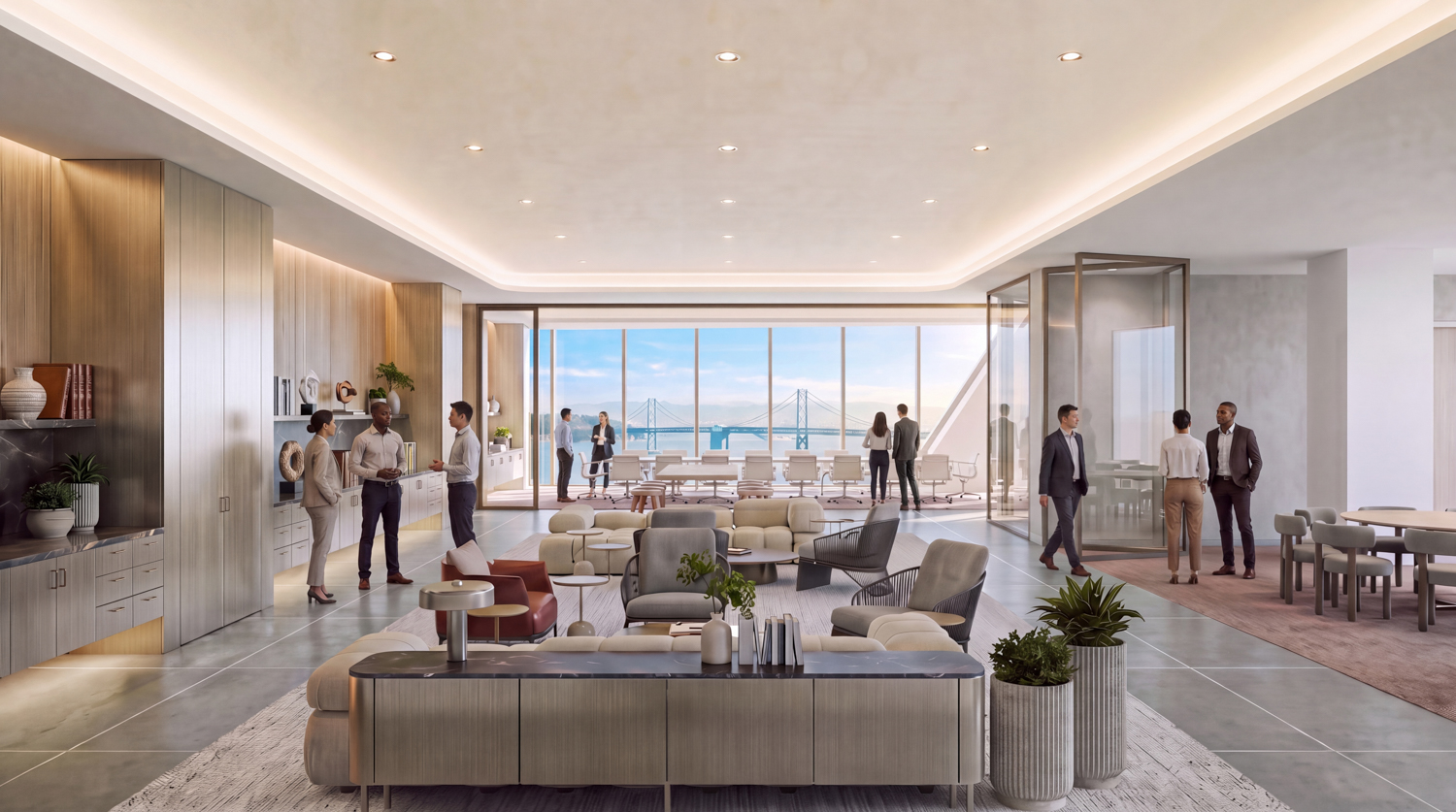 Fifty at First client prefunction lobby, rendering by Gensler