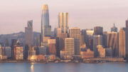 Fifty at First skyline close-up view visible to the right of the Salesforce Tower, rendering by Gensler