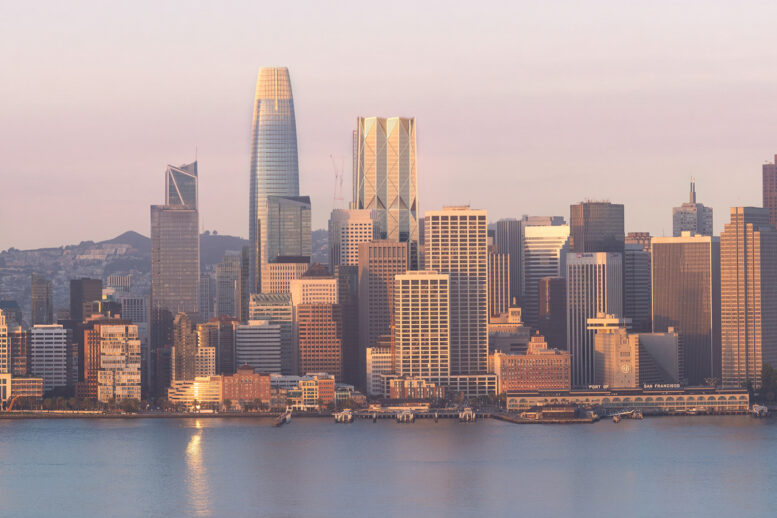 Fifty at First skyline close-up view visible to the right of the Salesforce Tower, rendering by Gensler
