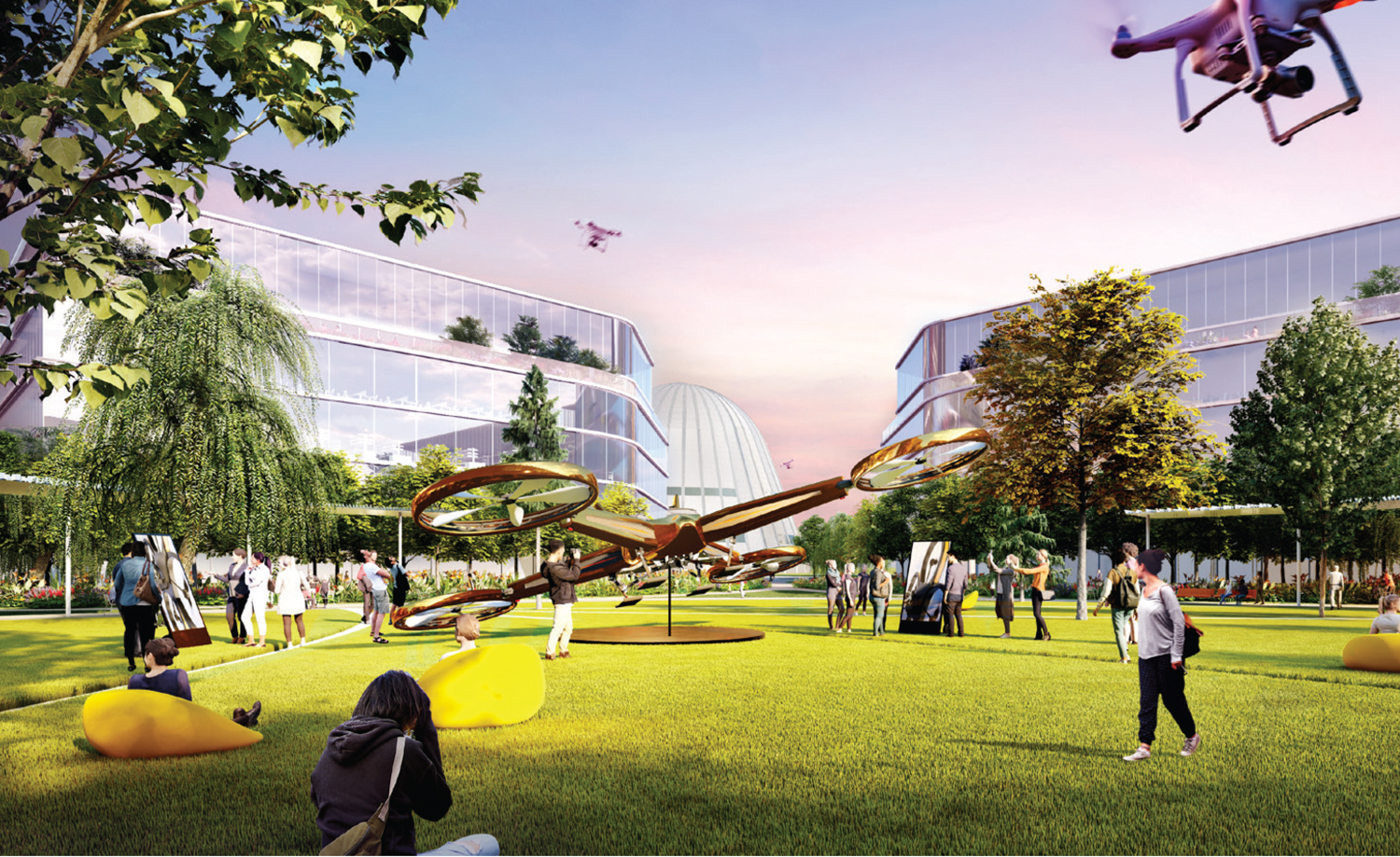 UC Berkeley Space Center at NASA Research Park view from the central green to Hangar One, rendering via CEQA