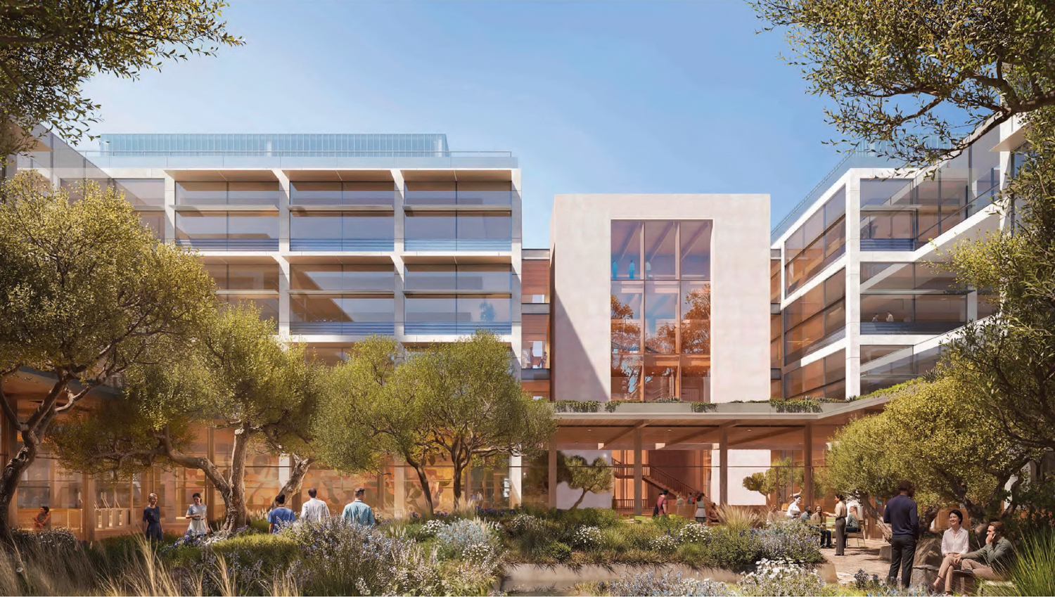 gRED Center building entrance, rendering by CannonDesign and Foster + Partners