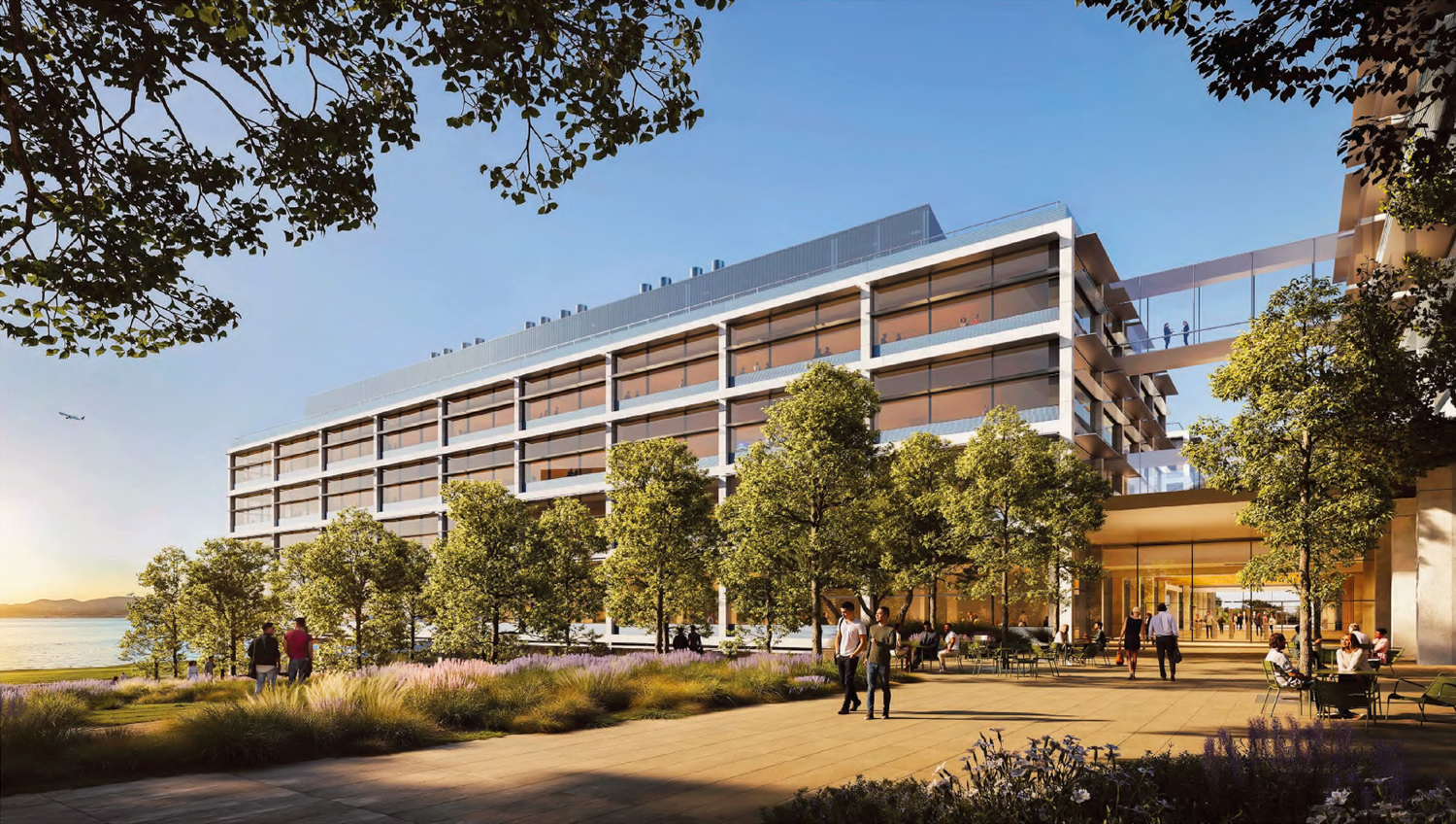 gRED Center cliffside view facing the bay, rendering by CannonDesign and Foster + Partners