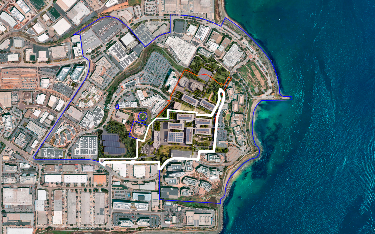 gRED Center masterplan outlined in white approximately by YIMBY, rendering by CannonDesign and Foster + Partners