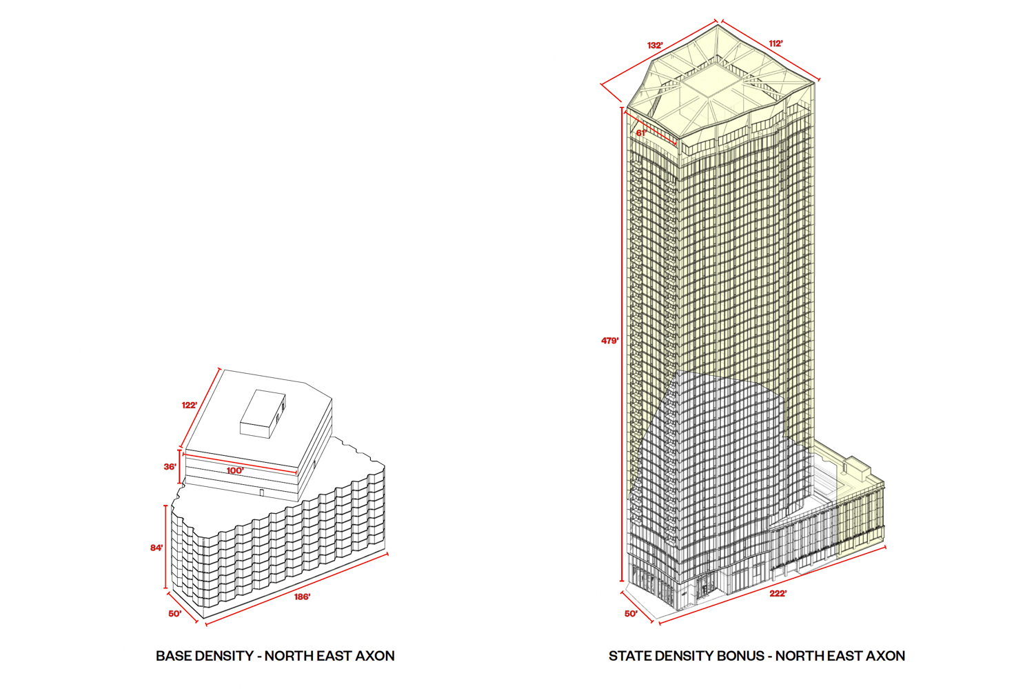 1601 Mission Street isometric view of base density (left) and density bonus (right), illustration by Solomon Cordwell Buenz