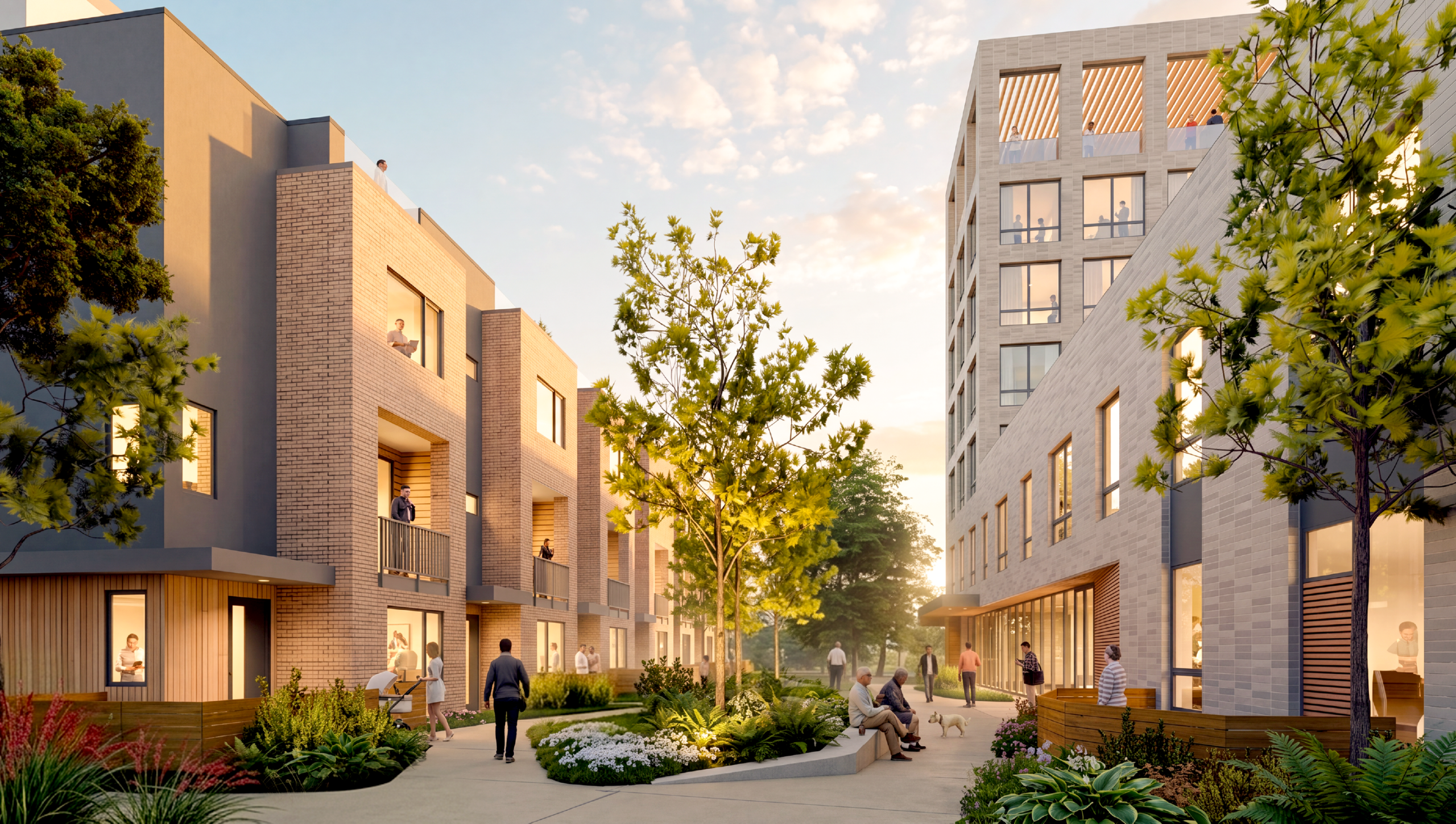 3350 West Bayshore Road pedestrian pathway between the multi-family housing and townhomes, design by BDE and SDG