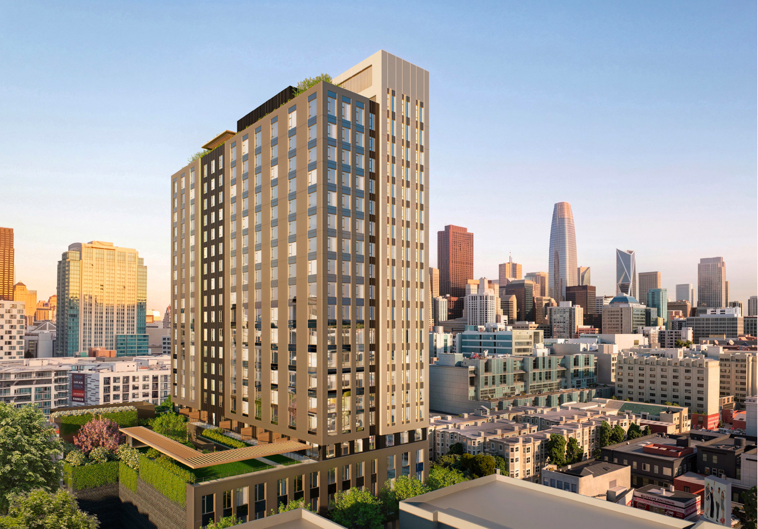 360 5th Street aerial view with the city skyline visible in the background, rendering by Handel Architects