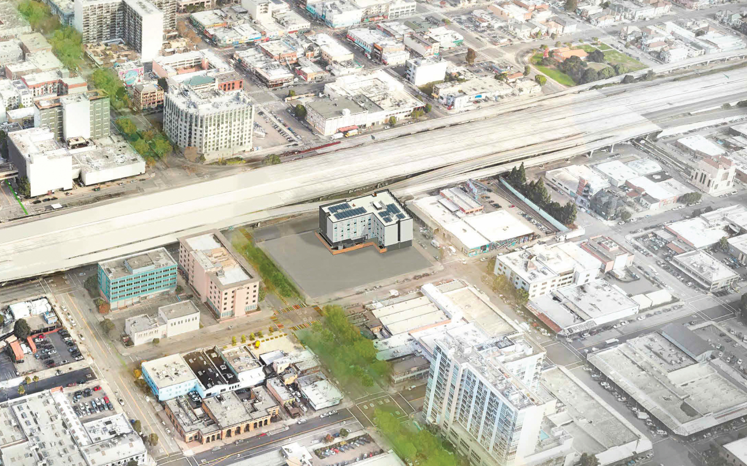 430 Broadway Building A aerial view, rendering by David Baker Architects and YA Studio