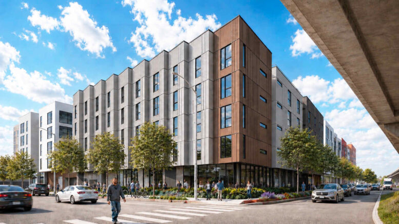 430 Broadway Building A establishing view, rendering by David Baker Architects and YA Studio