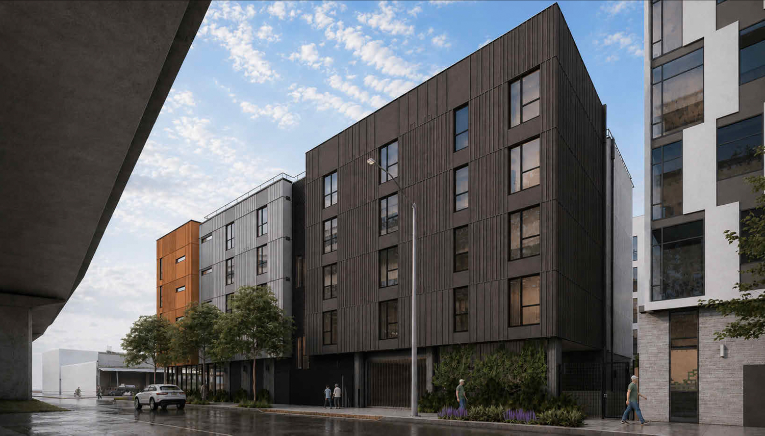 430 Broadway Building A facade by the freeway, rendering by David Baker Architects and YA Studio