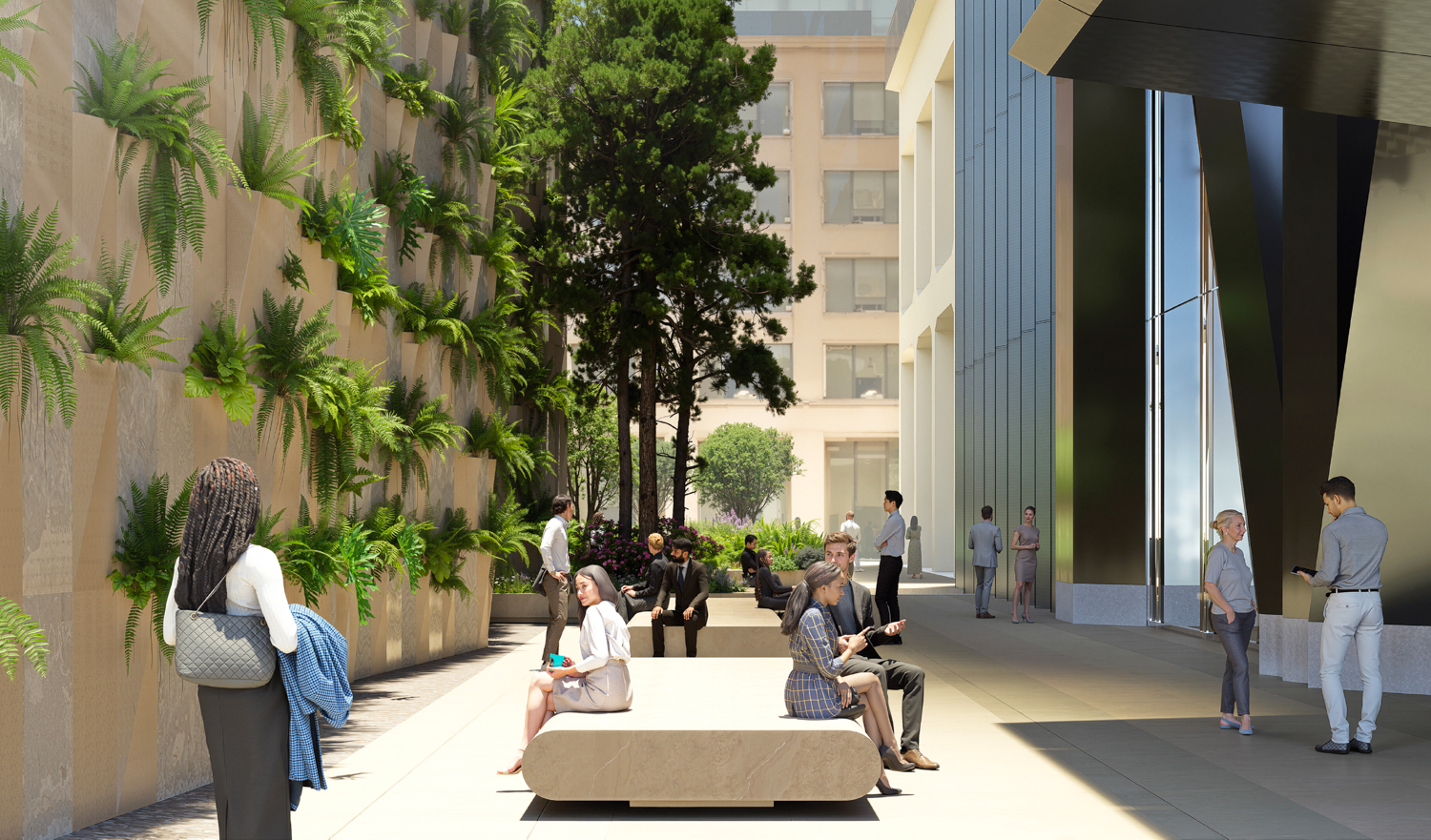 Fifty at First pedestrian walkway view from 1st Street, rendering by Gensler