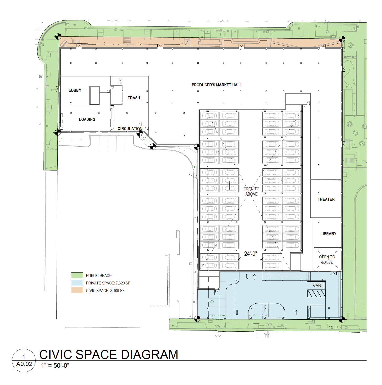 Fourth Street Market Hall civic space diagram, illustration by Urbal Architecture