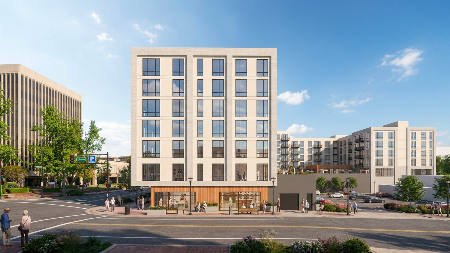 Fourth Street Market Hall corner view at A Street and 4th Street, rendering by Urbal Architecture