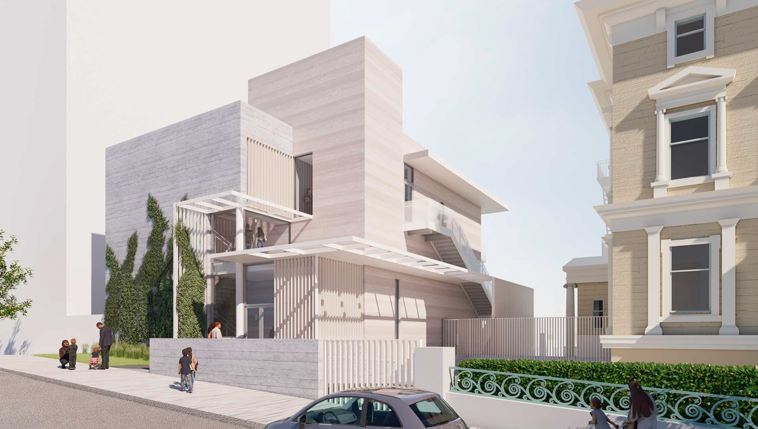 Hamlin School expansion pedestrian view, rendering by Mark Cavagnero Associates