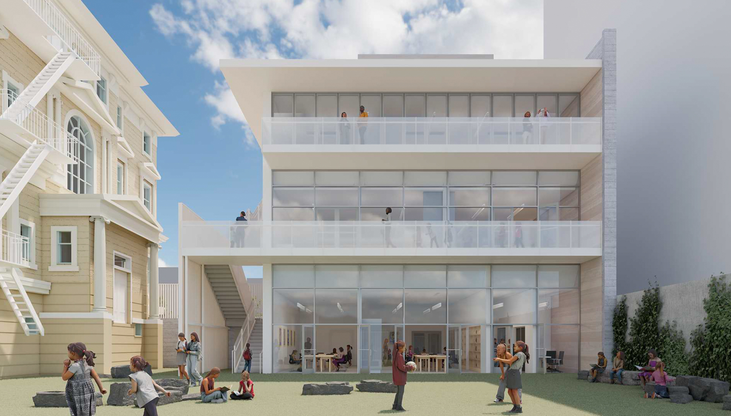 Hamlin School expansion rear view from the campus, rendering by Mark Cavagnero Associates