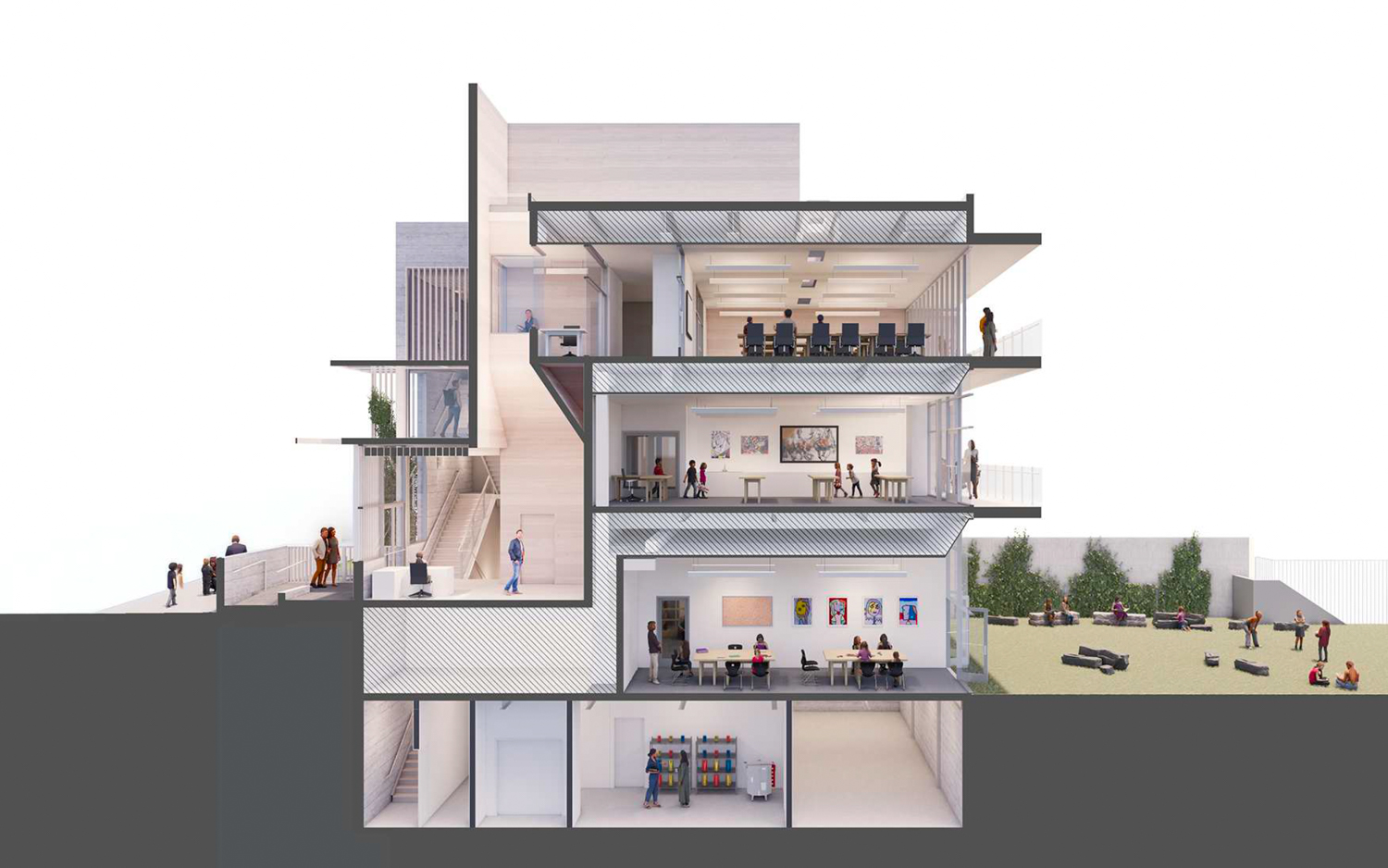 Hamlin School expansion vertical cross-section, rendering by Mark Cavagnero Associates
