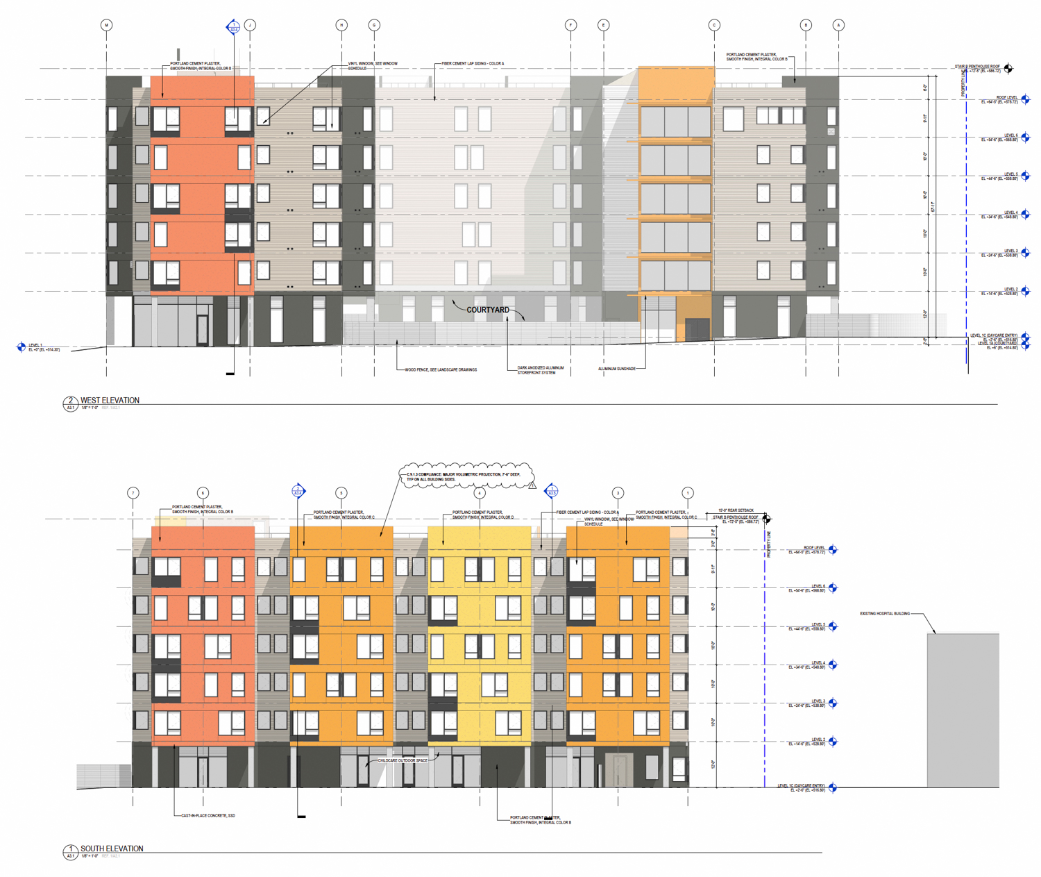 Laguna Honda Senior Housing facade elevation, illustration by Herman Coliver Locus Architecture