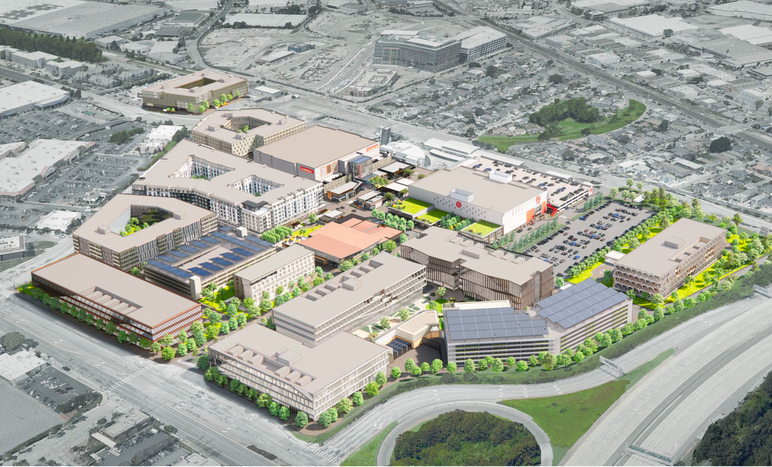 Tanforan Mall Redevelopment aerial view, rendering by Gensler